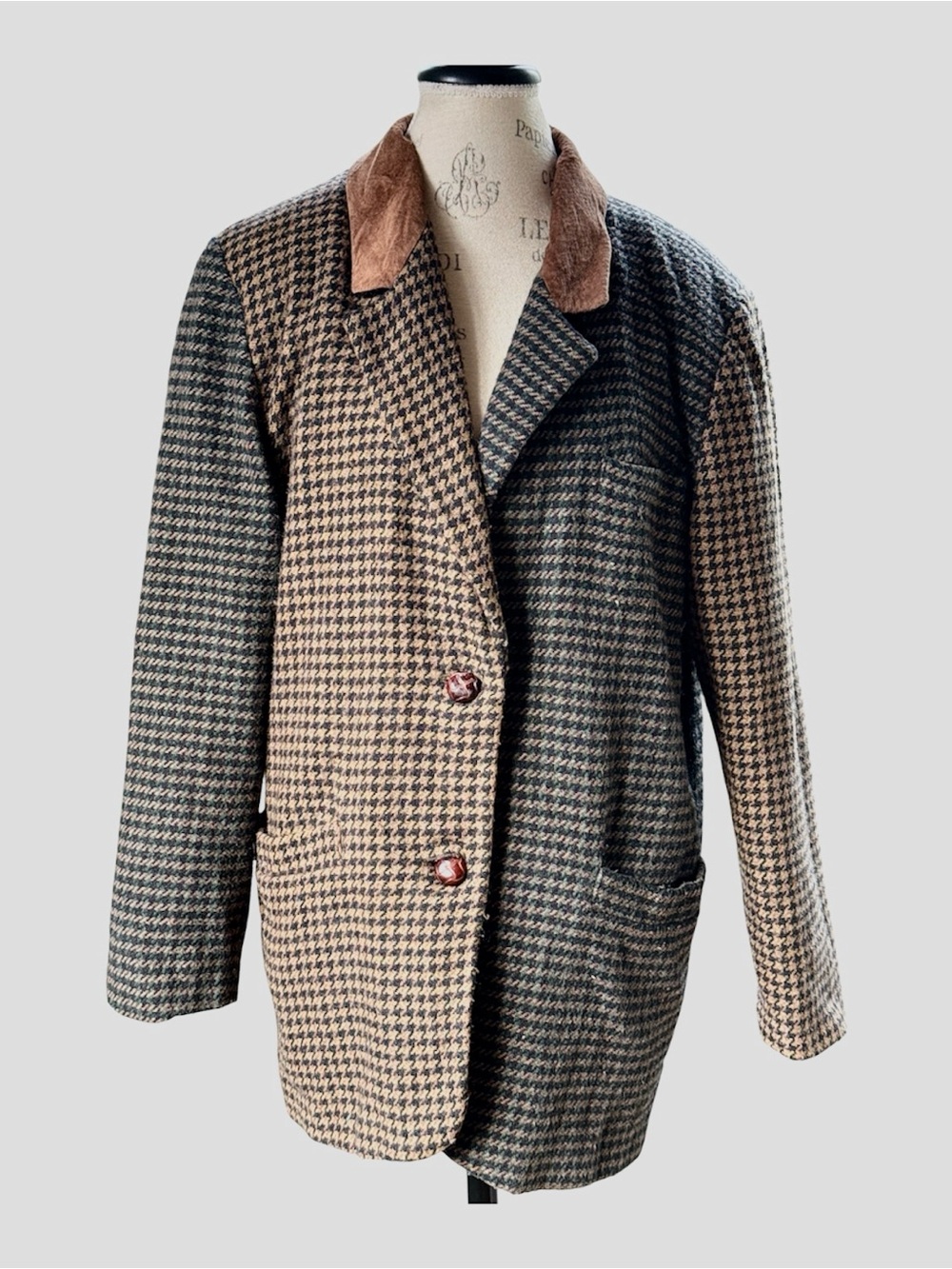 Laura Jeffries 80’ grandpacore patchwork oversized wool blend houndstooth blazer